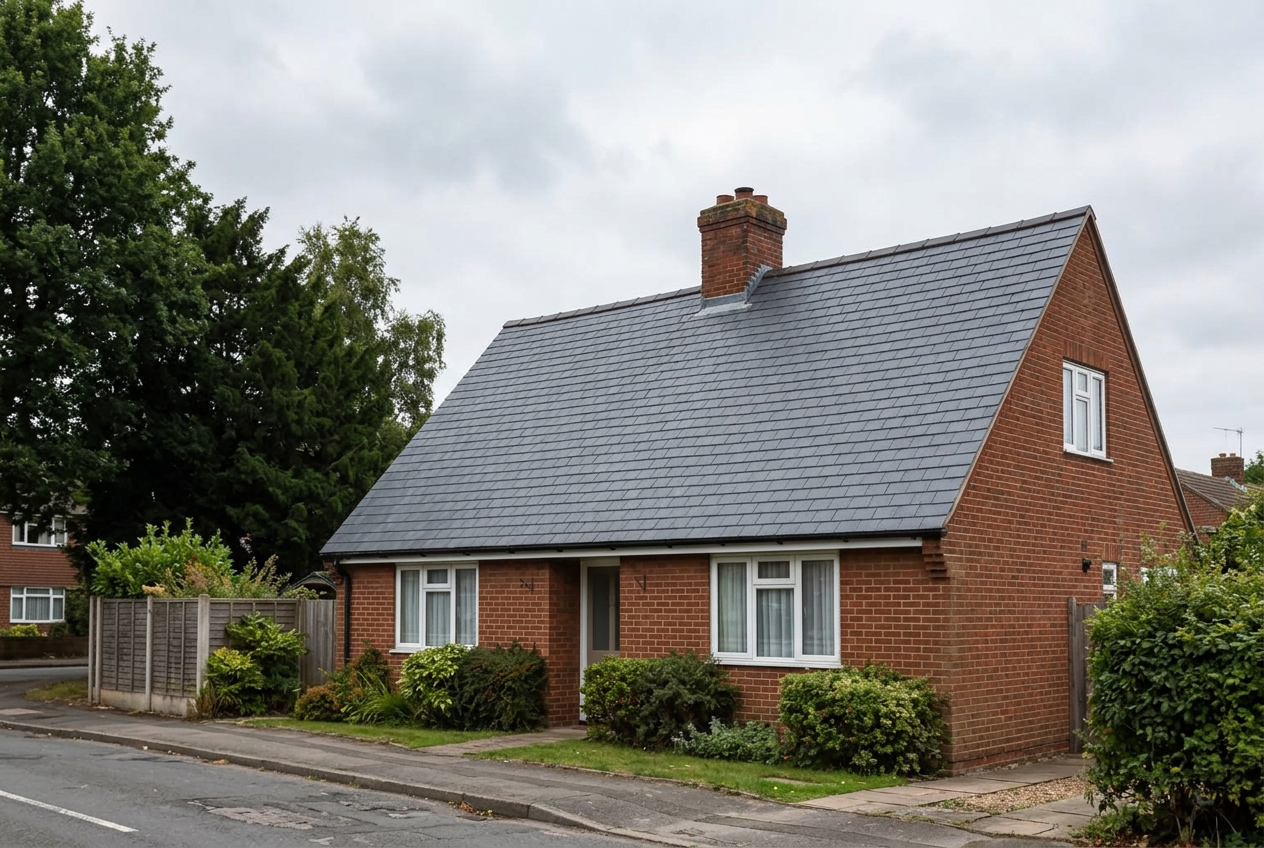 A traditional British brick house with a neatly laid pitched slate roof